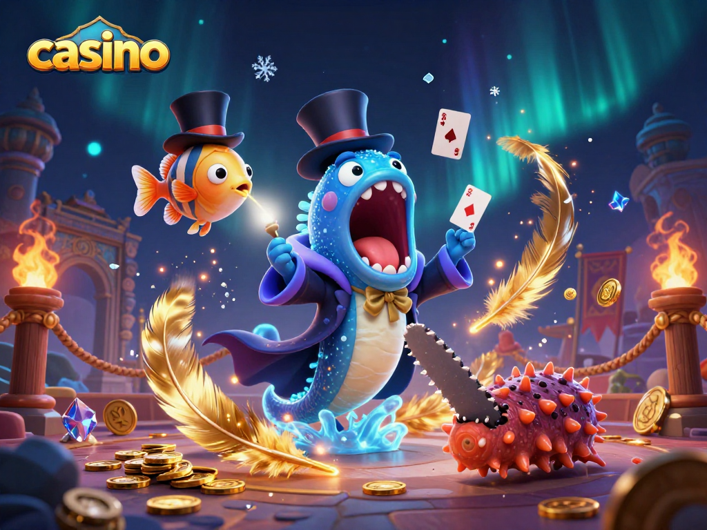 Engaging casino scene depicting a gulper eel magician and friends performing tricks amid dynamic elements.