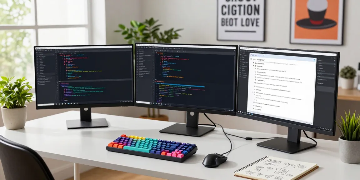 Developer coding 纸飞机中文版 at a modern desk with multiple screens and creative workspace elements.