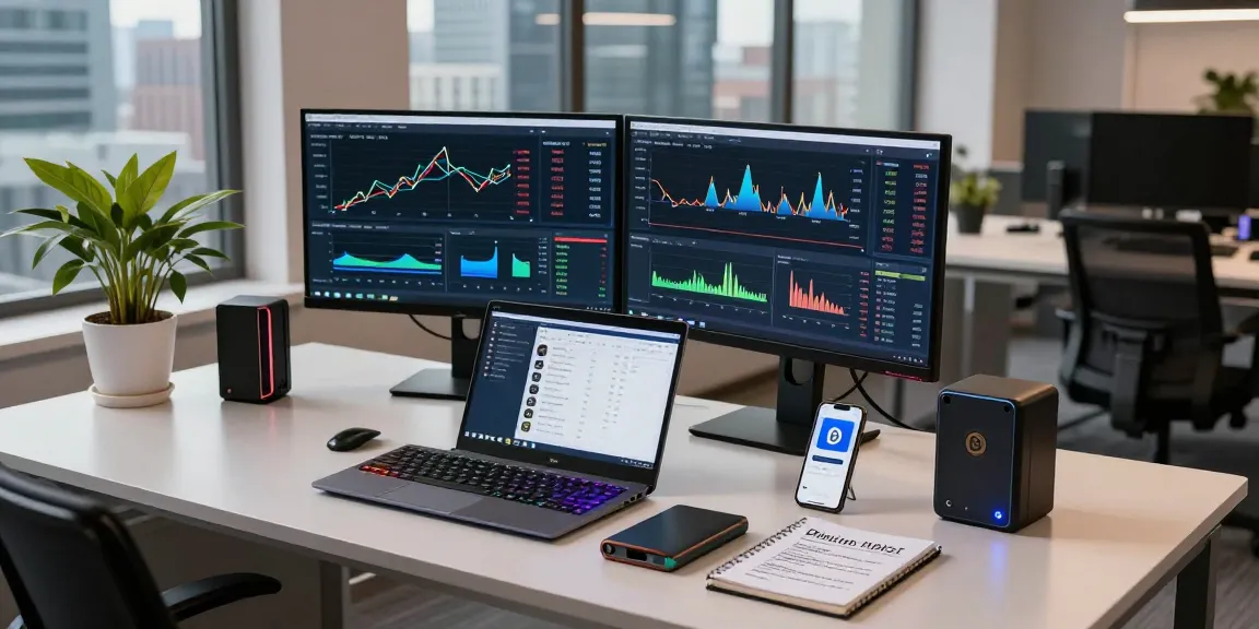 Bitcoin mining contract analytics displayed on multiple screens in a modern crypto trading workspace, emphasizing advanced blockchain technologies and investment strategies.