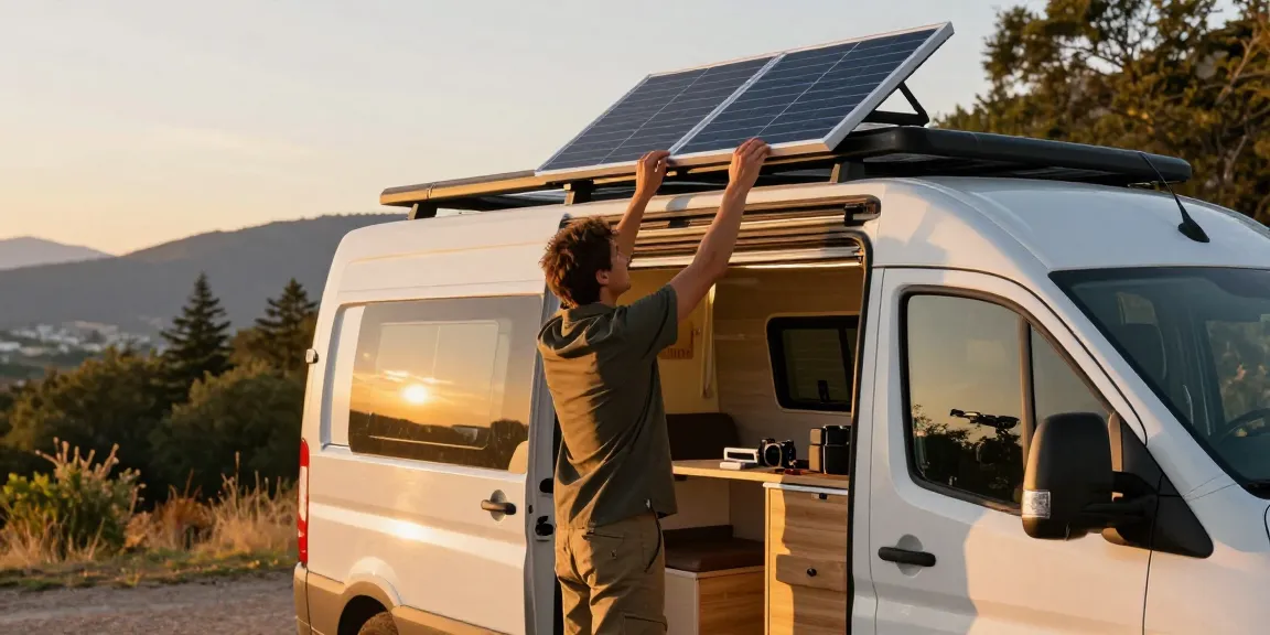 Campervan upgrade scene showcasing solar panel installation with ROKOK88 tools and adventurous spirit.