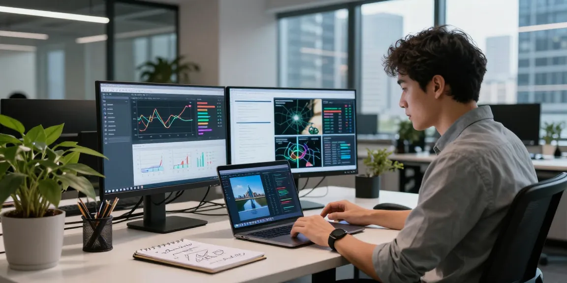 Engaged professional using a free AI image detector tool on dual monitors in a modern office environment.