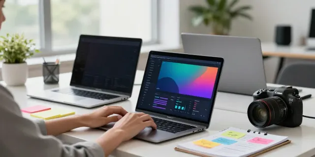 AI content generation platform in a modern office with analytics and creative tools.