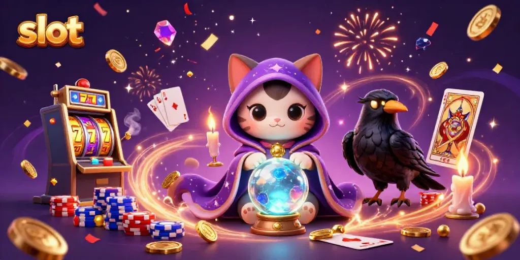 Experience thrilling slot action with vibrant characters, coins, and cards in a mystical casino scene.