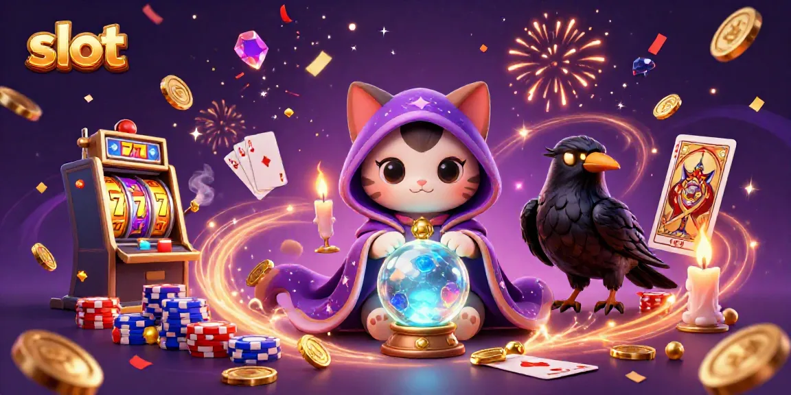 Experience thrilling slot action with vibrant characters, coins, and cards in a mystical casino scene.