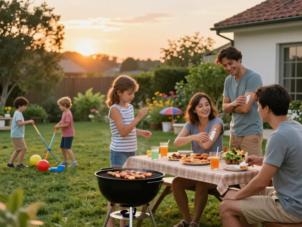 Family enjoying a barbecue while using the Best Mosquito Repellent for outdoor protection in a summer evening setting.
