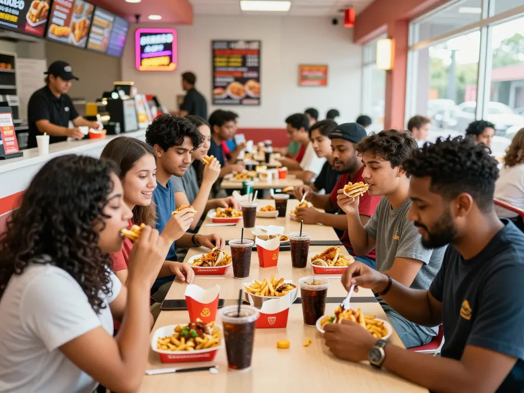 Friends enjoying fast food prices at a bustling restaurant table.