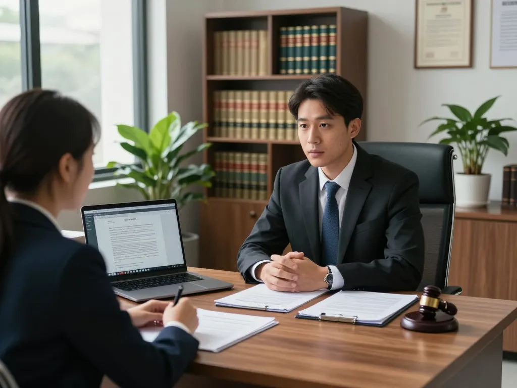 USA lawyers discussing legal matters in a professional office setting.