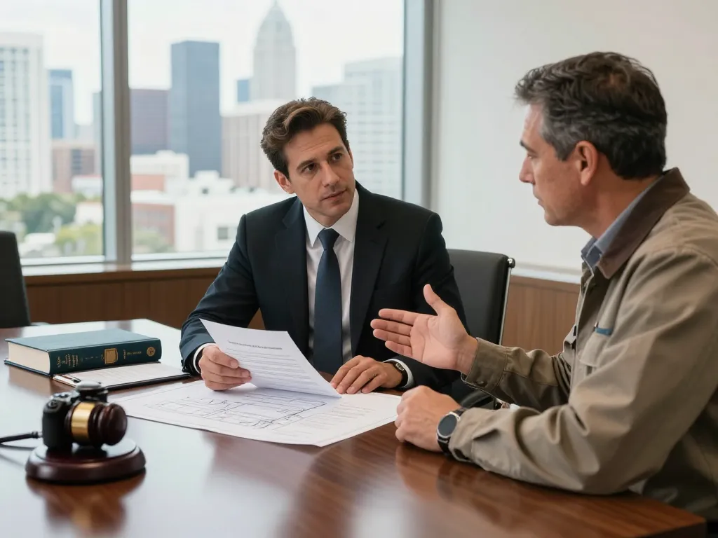 Boca Raton Construction Litigation Lawyer consulting a contractor over contract disputes in a professional office.