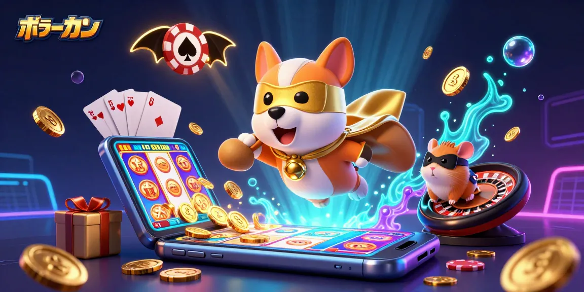 オンラインポーカーを楽しむ3Dキャラとスロットゲームを描いた賑やかなイラスト