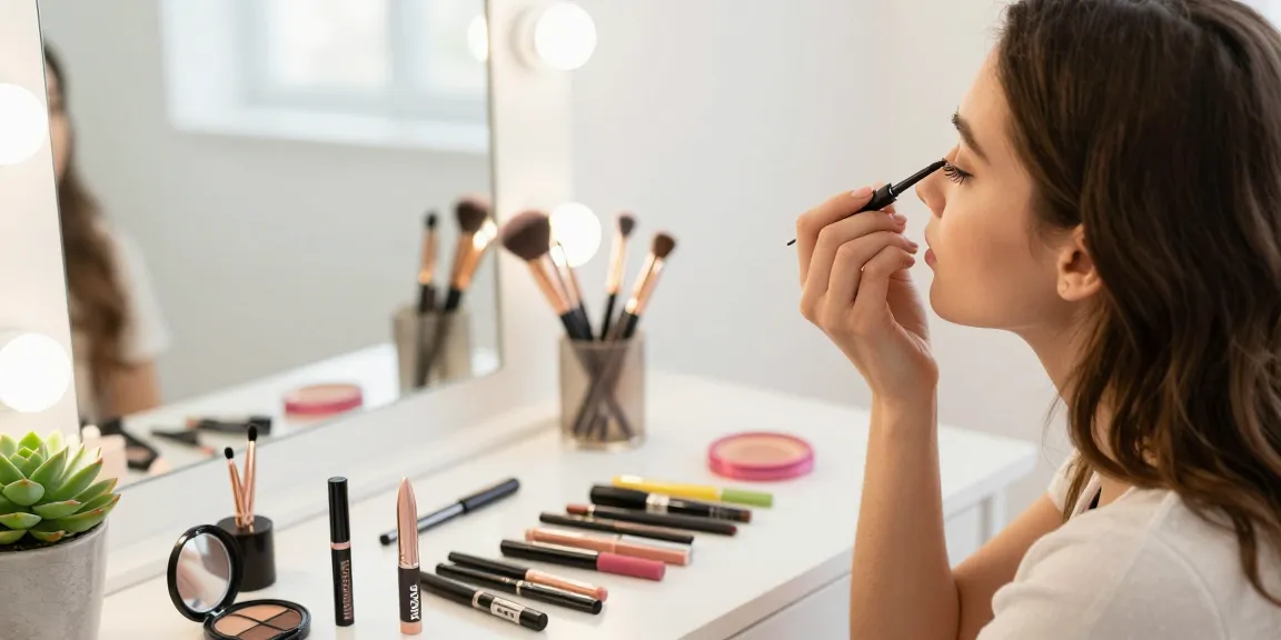 A young woman uses an eyeliner stencil to create a perfect winged eyeliner look at her vanity.