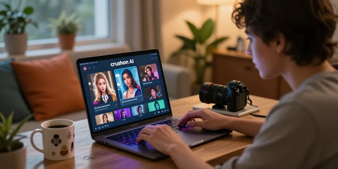 Engaging in nsfw chat ai on a laptop in a cozy home setting with colorful cushions.