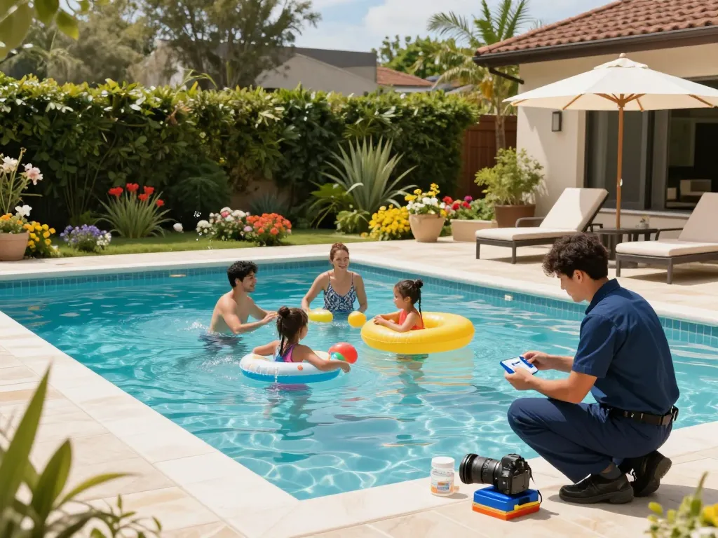 Dolphin Pool Services family enjoying a perfectly maintained swimming pool in a sunny backyard.