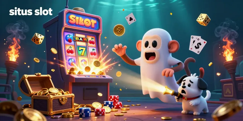 This vibrant 3D illustration of a situs slot scene features a playful poltergeist monkey and a curious puppy, showcasing casino-themed elements.