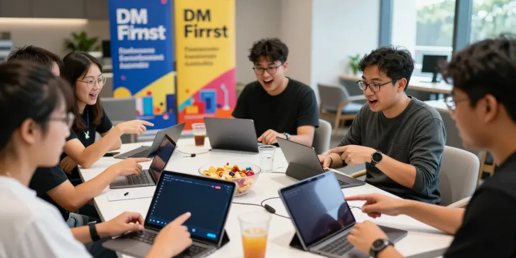 Users celebrating DM First launch day with smartphones in a modern lounge.