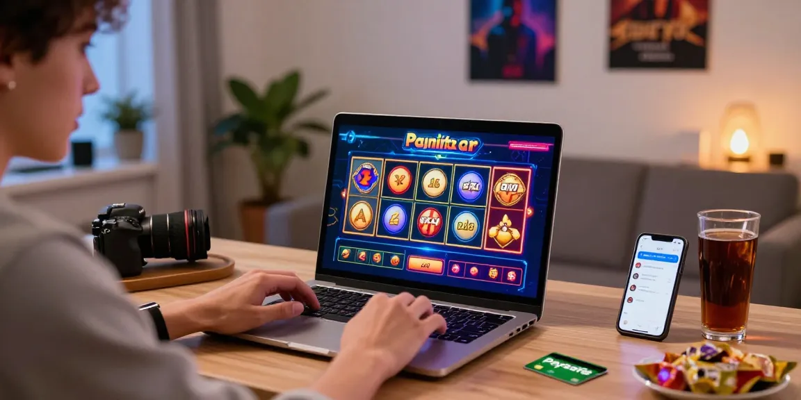 Paysafe Card Casino-Spielszenen mit einem Spieler, der Spielautomaten auf einem Laptop genießt, farbenfrohe Grafiken und eine sichere Atmosphäre.