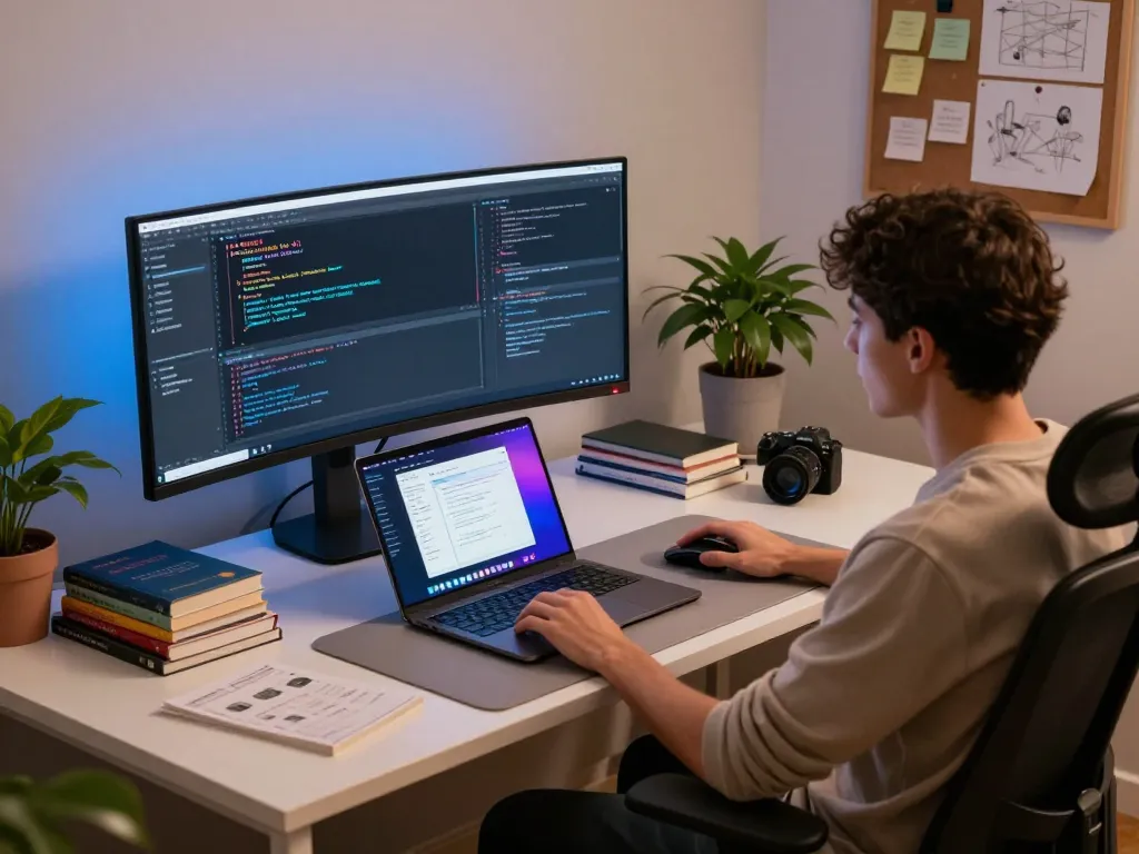 Developer using Moltbot AI in a modern home office with coding tools and vibrant designs