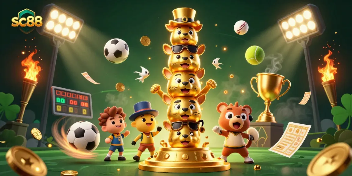 sc88 sports betting illustration showcasing an animated golden totem and dynamic sports elements