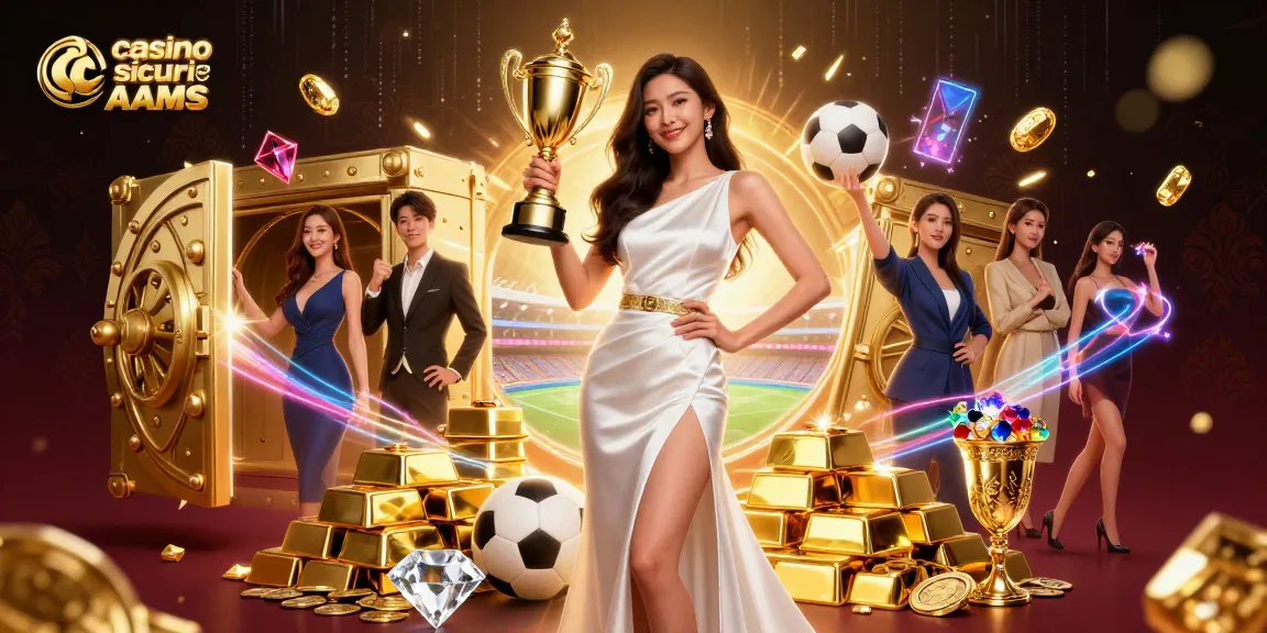 Celebrando la vittoria ai casino sicuri non AAMS con trofei d'oro, elementi di scommesse sportive e tesori preziosi.