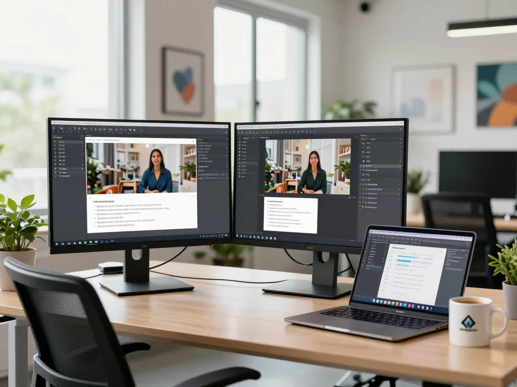 Vibrant workspace with AI specialist using image to prompt generator on dual monitors and laptop.