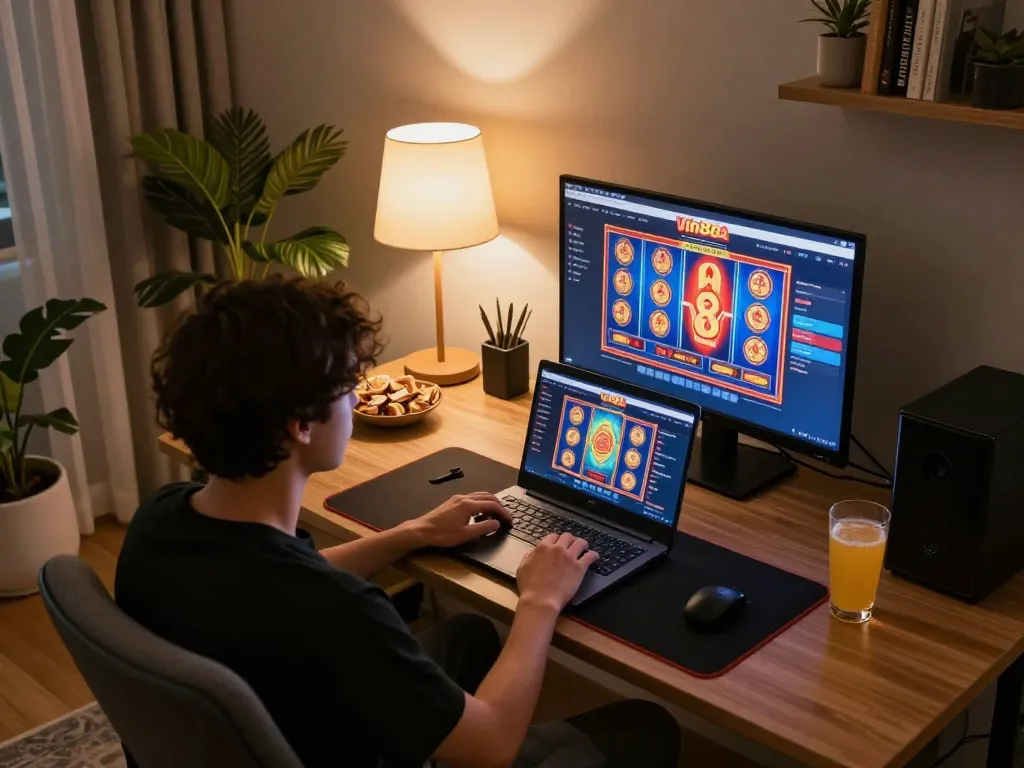 Person playing on vin88a casino platform in cozy home gaming setup