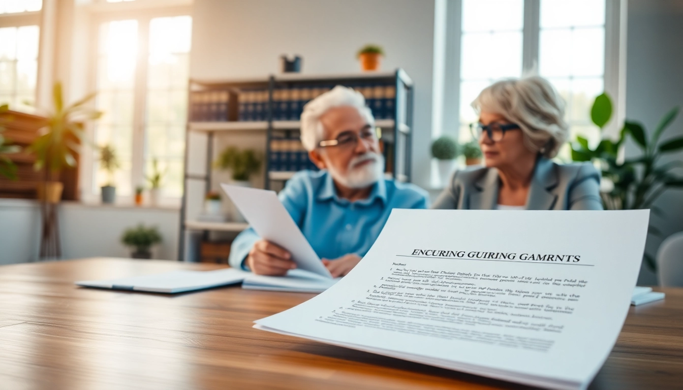 Showcase of an elderly couple engaging with their Enduring Guardian legal document in a bright office setting.