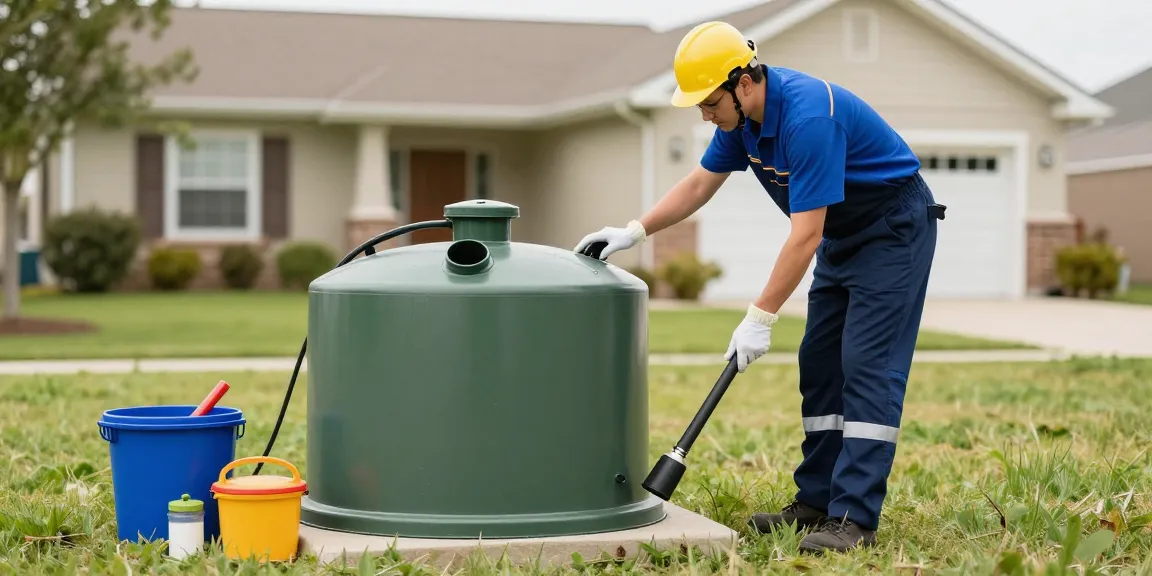 Septic cleaning service by trusted local provider, licensed professional inspecting tank at nearby home.