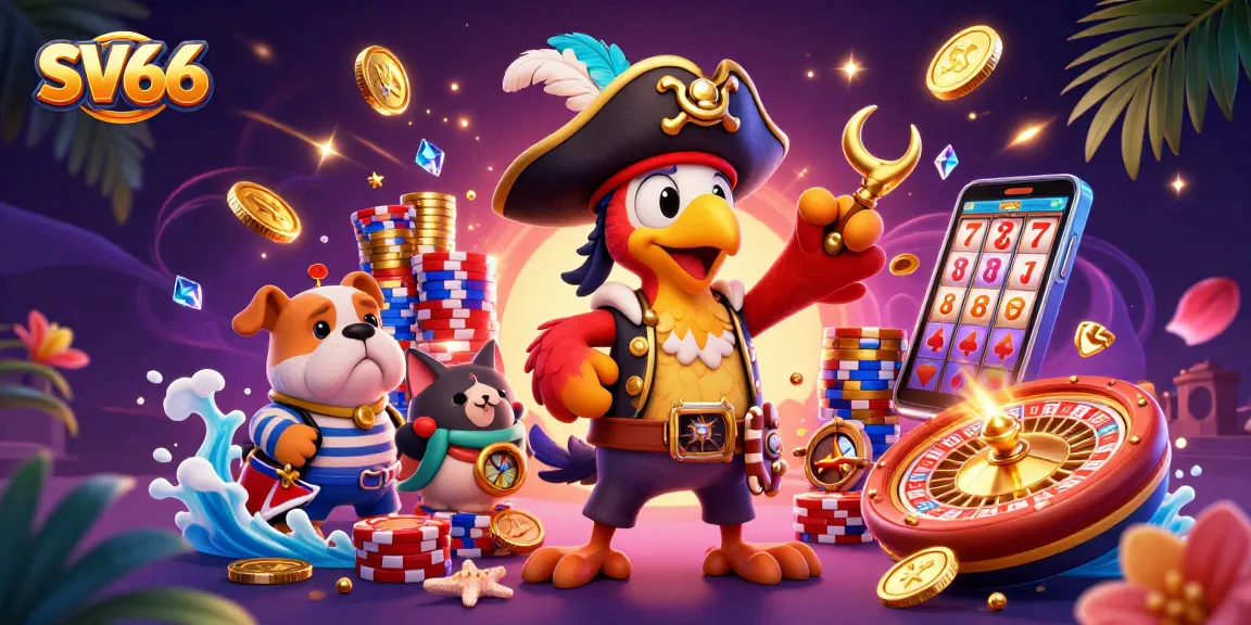 SV66 pirates enjoy thrilling casino action with vibrant chips and gold coins swirling around.