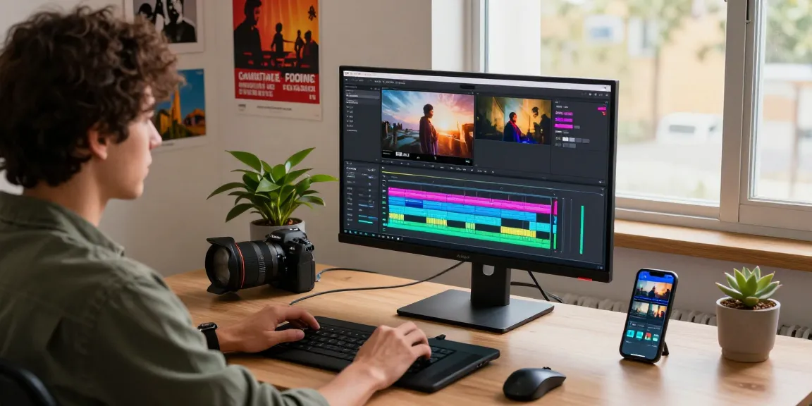 Video editing workspace featuring a creative professional using prompt ai tools with editing software, innovative tech setup, and cinematic decor.