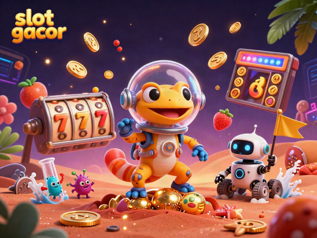 Engage with slot gacor excitement in a 3D scene featuring alien characters uncovering a vibrant casino.