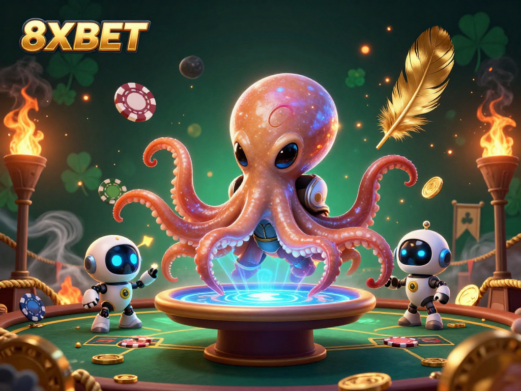 Experience thrilling poker with 8XBET's vibrant alien octopus at a holographic table.