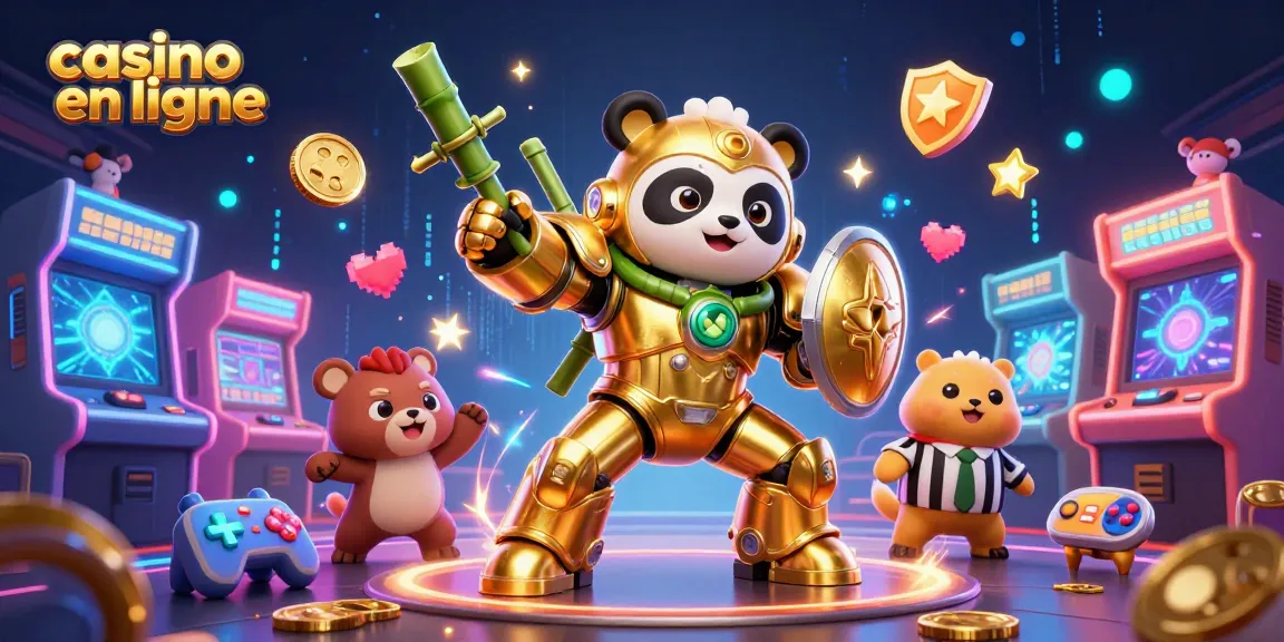 Jouez à des machines à sous captivantes dans un casino en ligne avec un panda doré en robot.