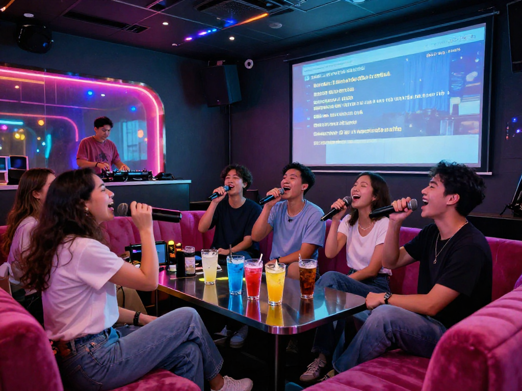 강남 달토 가라오케에서 노래하는 친구들, 다채로운 조명과 생동감 넘치는 분위기