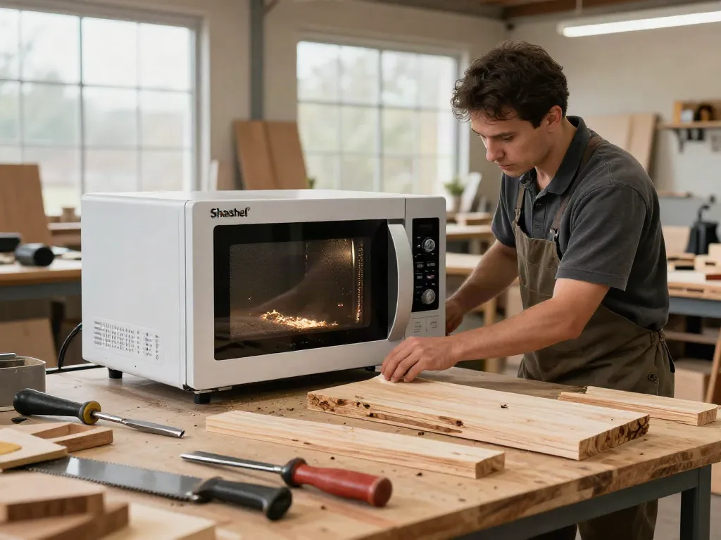Shashel® microwave system effectively eliminating wood-boring insects in modern workshop.