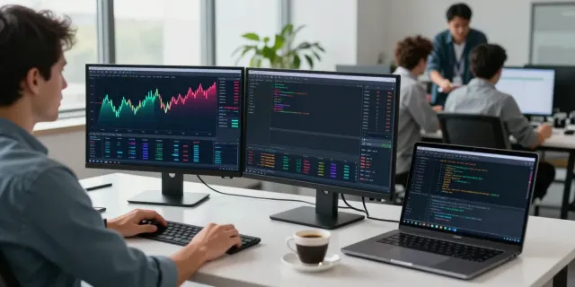 Traders utilizing MetaTrader 5 in a modern office environment for market analysis.