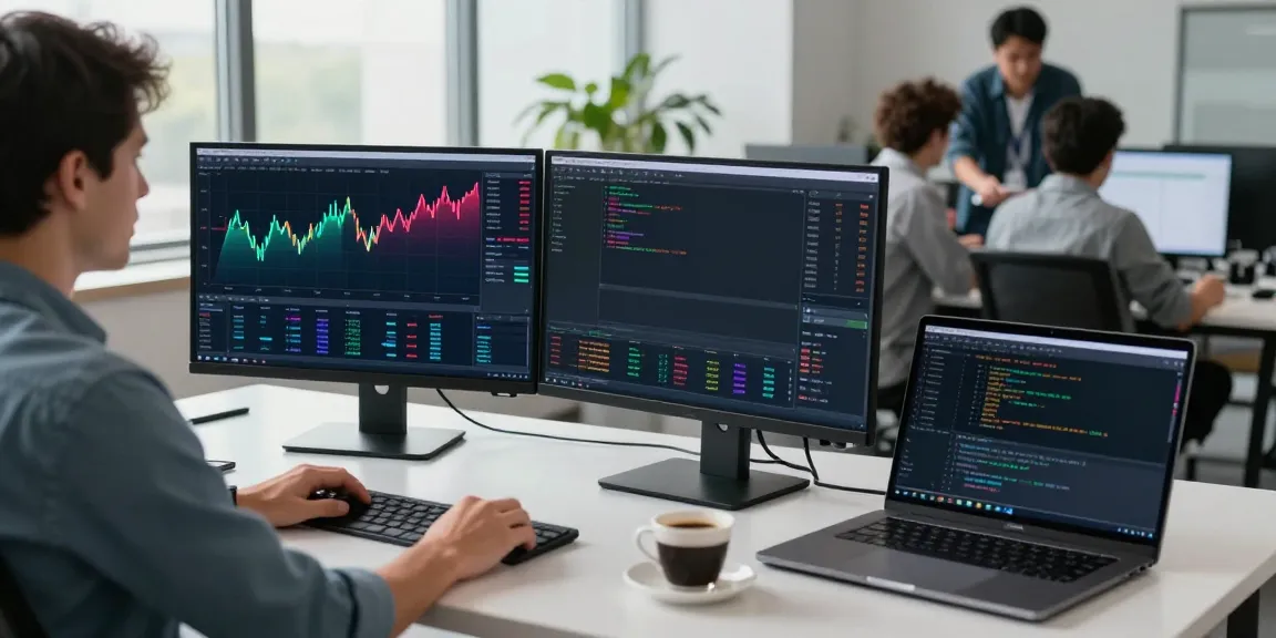 Traders utilizing MetaTrader 5 in a modern office environment for market analysis.