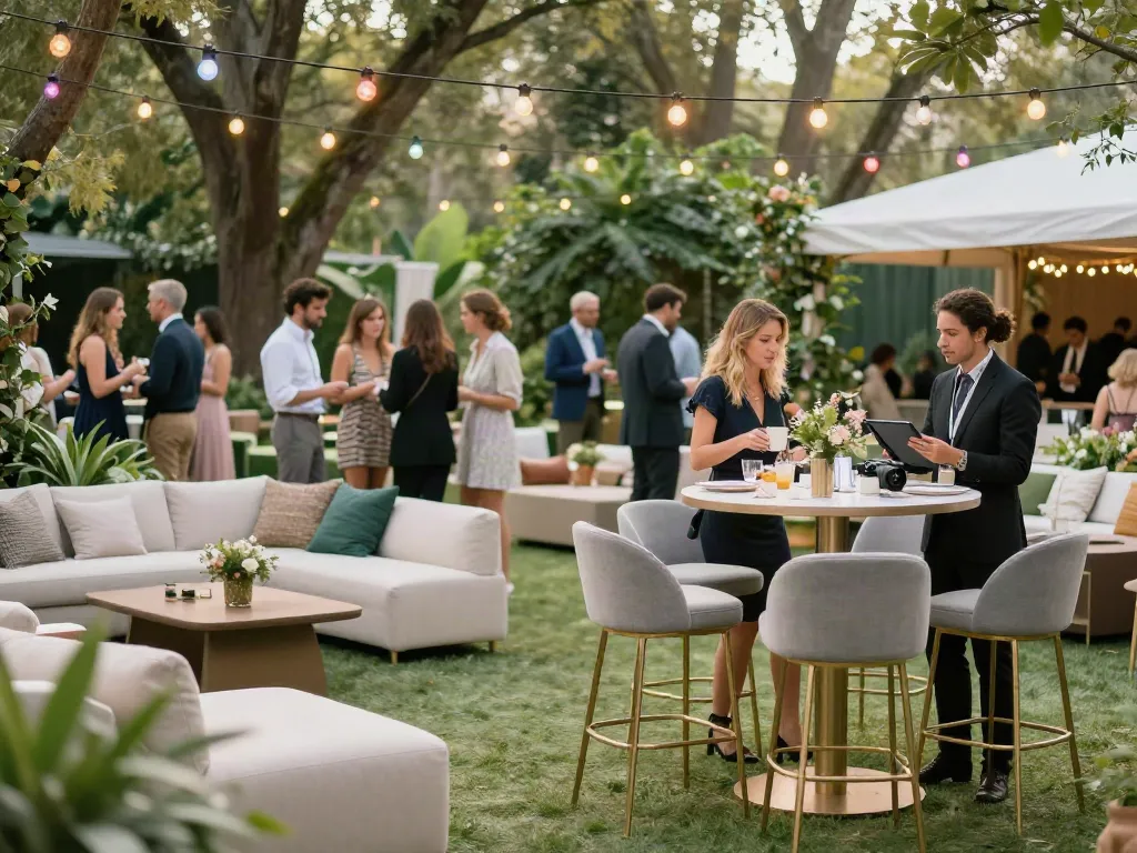 Event furniture rental setup with elegant tables and chairs for a stylish outdoor gathering.