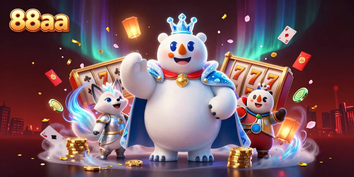 Engage in the vibrant world of casino games with 88aa's dynamic artwork featuring slot reels and poker elements.