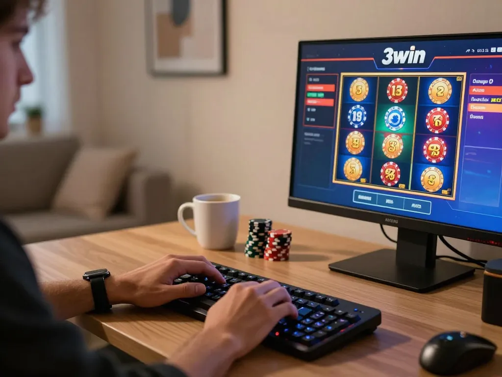 Player spinning the reels on 3win online slot game, enjoying vibrant gaming experience.