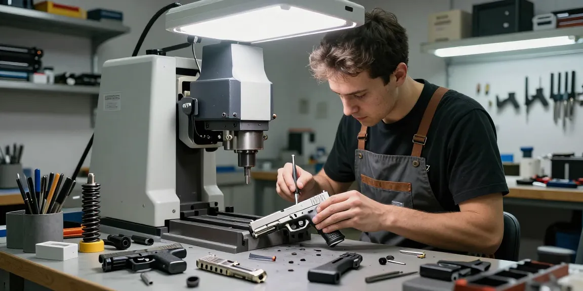 Gunsmith customizes stainless steel Glock slides at https://precisionglockslides.com in a bright workshop.