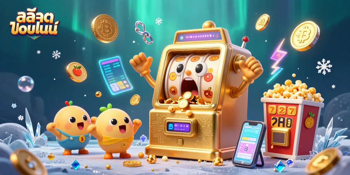 Spin the reels of สล็อตออนไลน์ as a golden slot machine hits the jackpot amidst cheering mini machines.