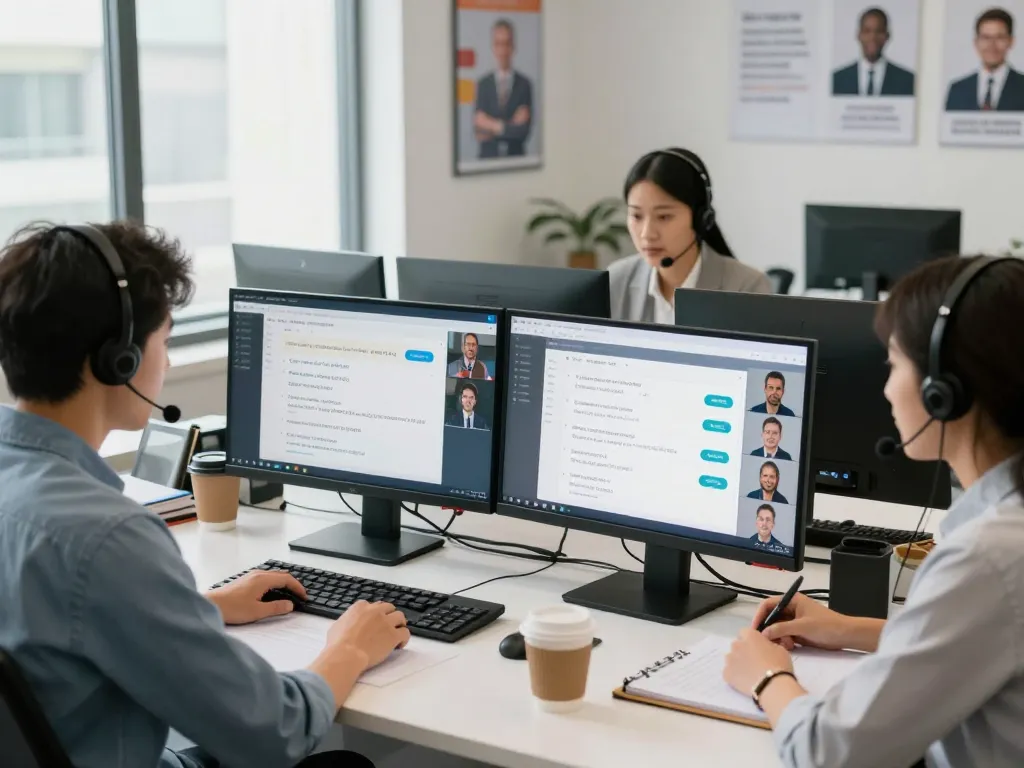 客服团队在现代办公室使用易翻译进行实时翻译。