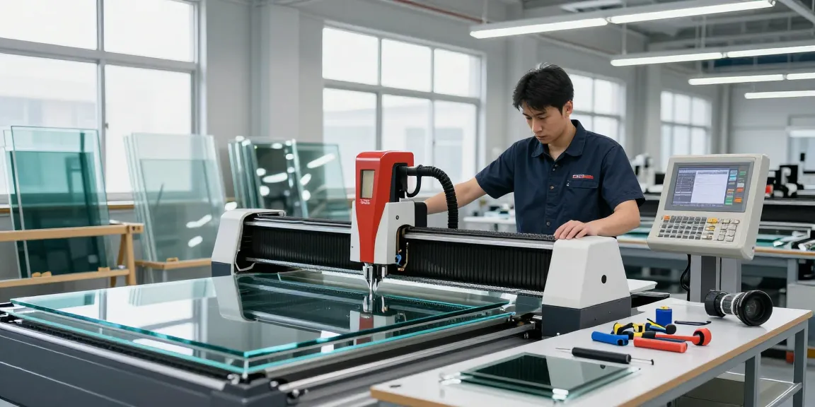 CNC glass cutting machine in action, showcasing precision glass cutting process in modern workshop.