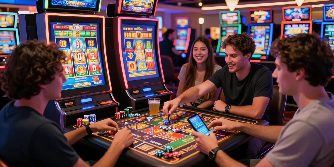 Exciting scene with friends engaged in slot games at a vibrant online casino.