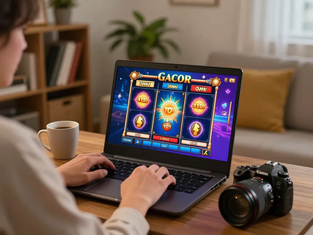 Engaging scene of a player enjoying slot gacor online game on laptop at home, showcasing vibrant graphics.