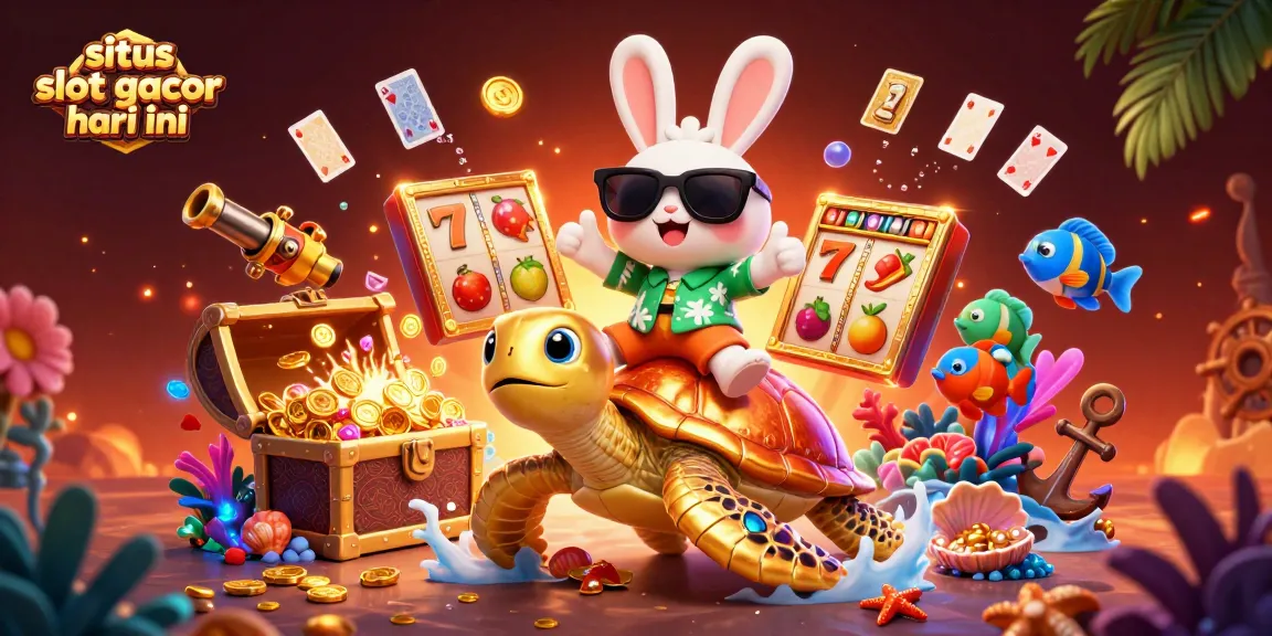 Rasakan sensasi kemenangan dengan situs slot gacor hari ini yang menampilkan kelinci kartun dan penyu laut dikelilingi simbol permainan yang berwarna-warni.