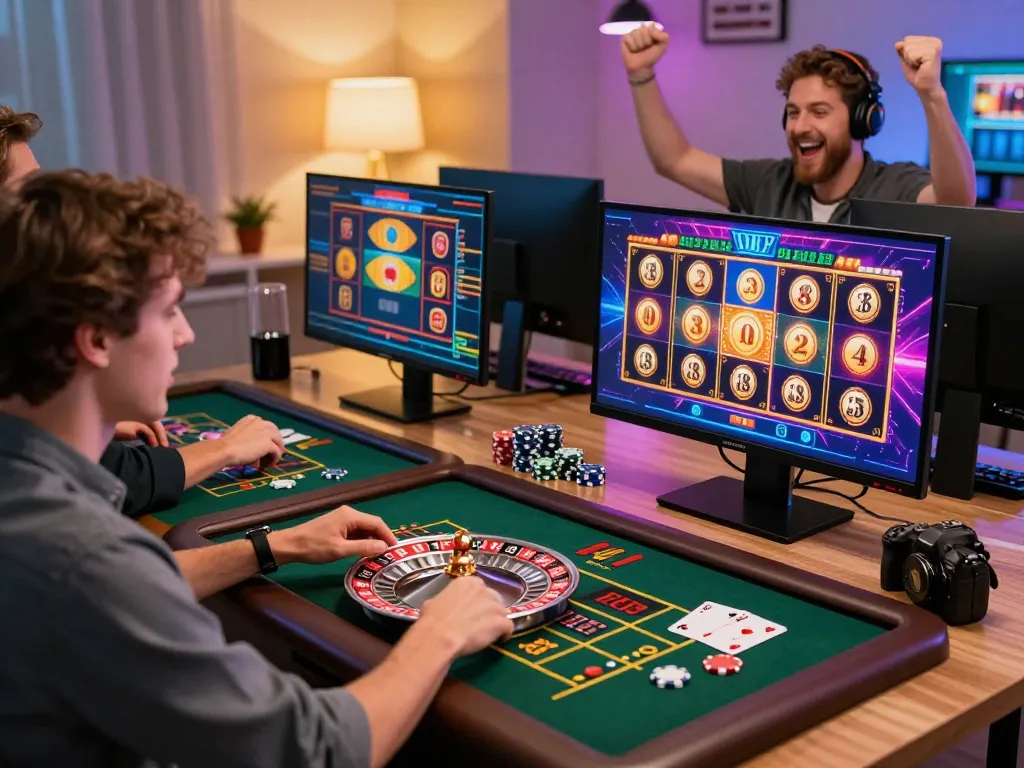 Players engaging in thrilling 777x online casino gameplay, celebrating wins on roulette and slot machines.