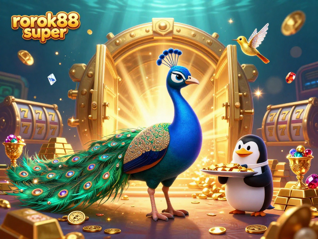 Engage with rokok88 super in this lively casino-themed illustration featuring vibrant slot elements.