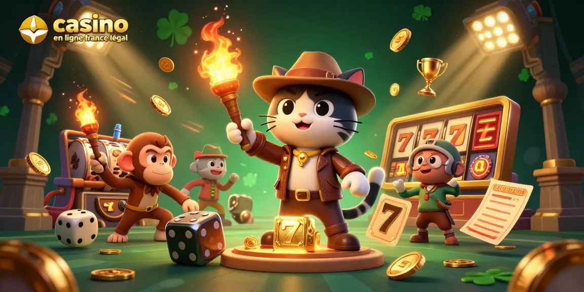 Participez au casino en ligne France légal avec une scène 3D sur le thème de l'aventure illustrant des éléments et des personnages de jeu.