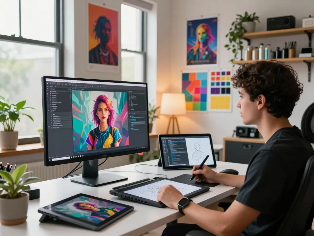 Creative workspace featuring NSFW AI image generation tools and digital art essentials for innovative content creation.