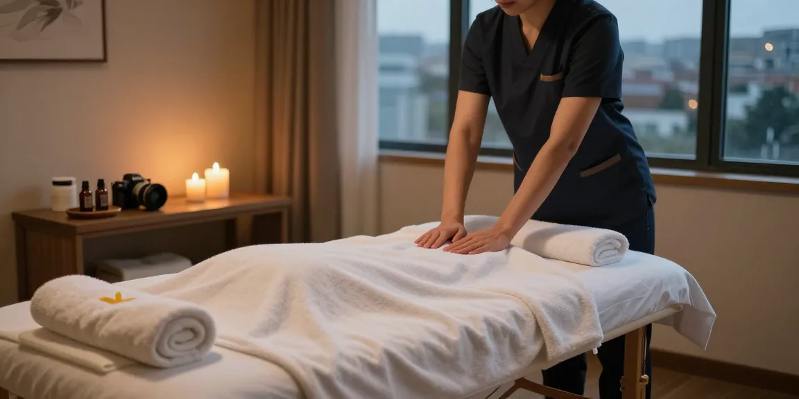 신촌출장안마 service in a cozy hotel room with a professional massage setup.